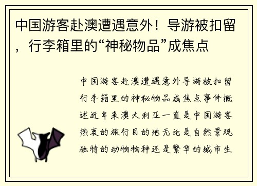 中国游客赴澳遭遇意外！导游被扣留，行李箱里的“神秘物品”成焦点