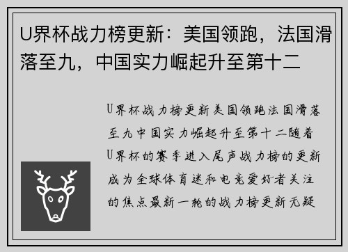 U界杯战力榜更新：美国领跑，法国滑落至九，中国实力崛起升至第十二