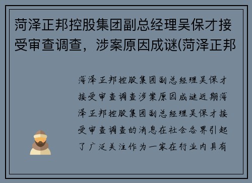 菏泽正邦控股集团副总经理吴保才接受审查调查，涉案原因成谜(菏泽正邦置业开发过哪些地方)